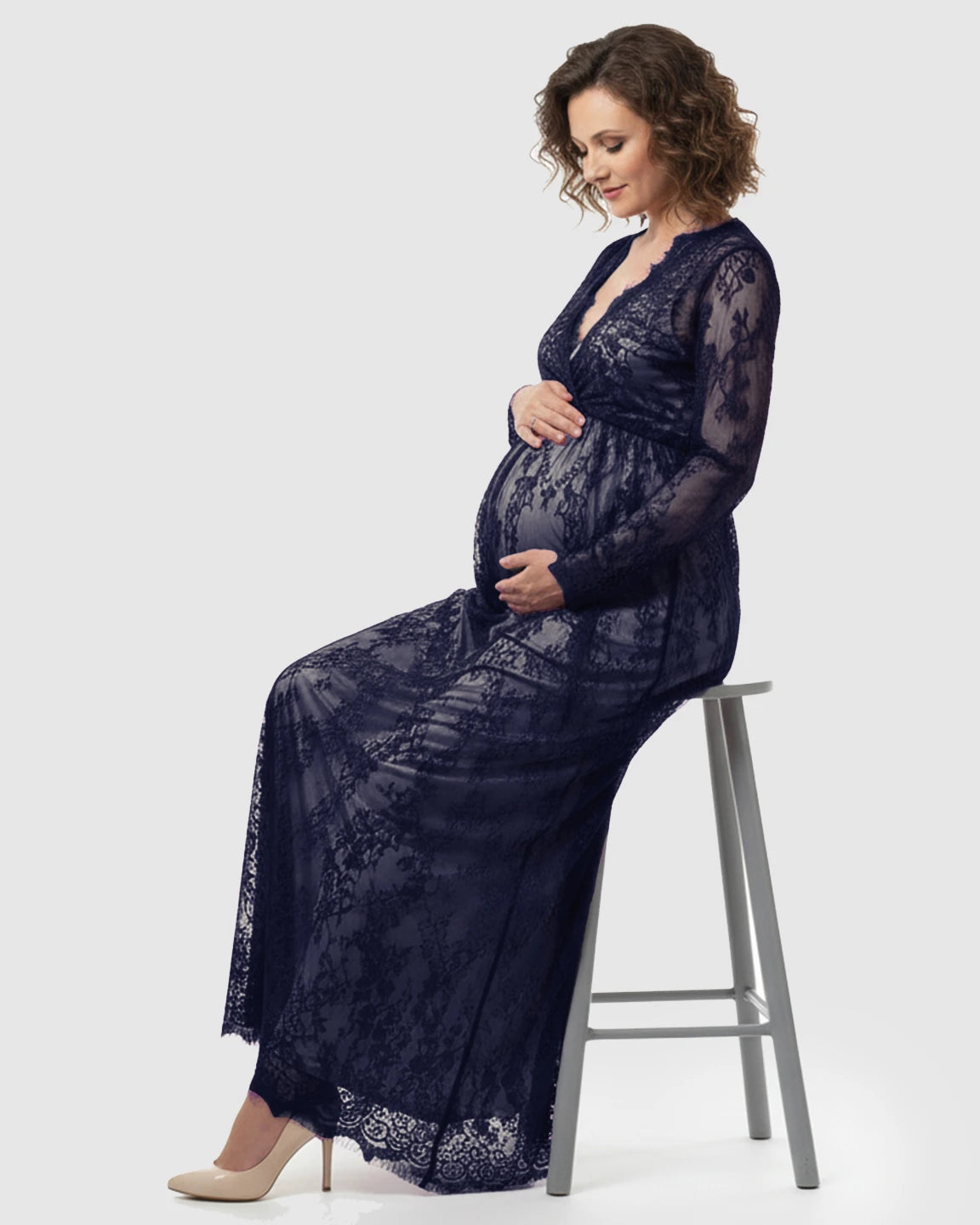 Sheer Floral Lace Empire Waist Maternity Maxi Dress