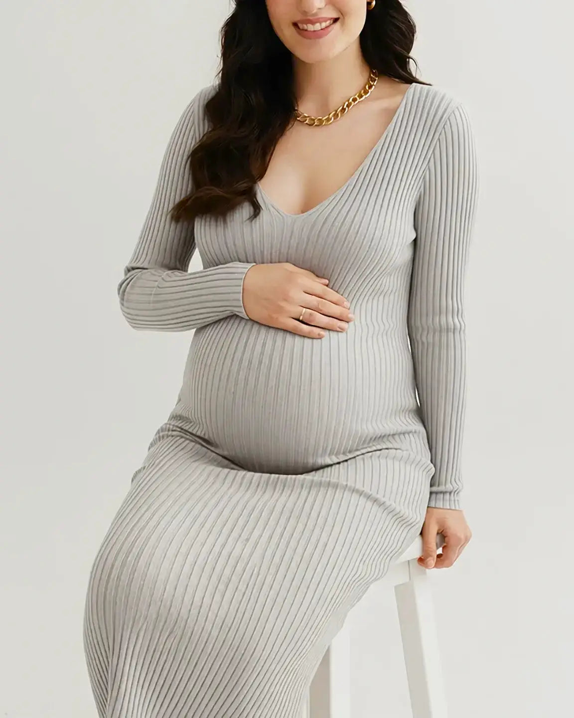 Ribbed Knit Long-Sleeve Bodycon Maternity Dress