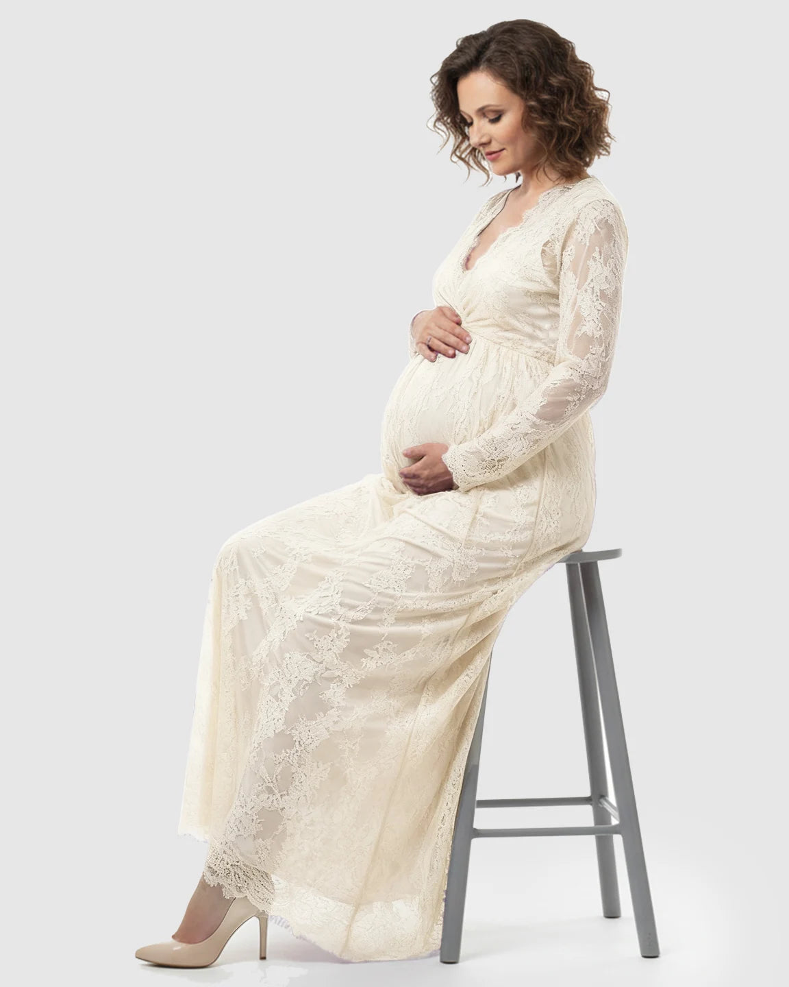 Sheer Floral Lace Empire Waist Maternity Maxi Dress