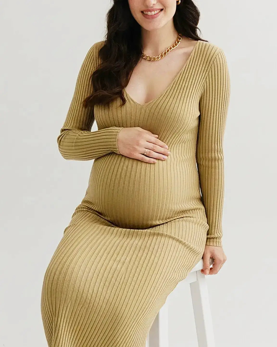 Ribbed Knit Long-Sleeve Bodycon Maternity Dress