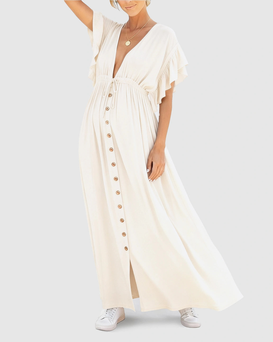 Button-Front Deep V Neck Maxi Beach Cover-Up Dress