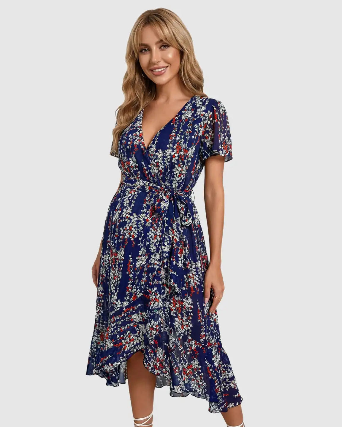 Navy Floral Wrap-Front Maternity Midi Dress