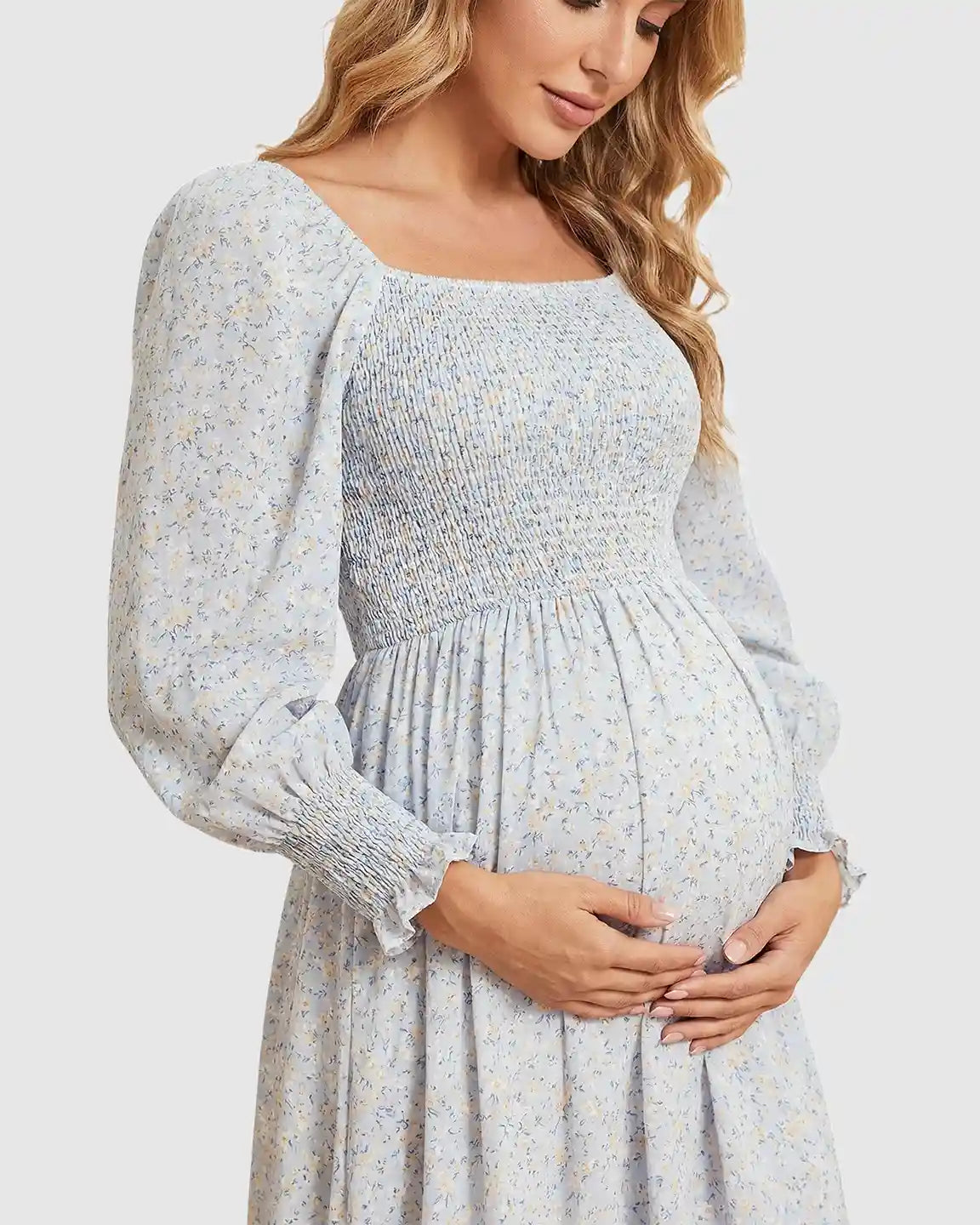 Smocked Floral Long Sleeve Maternity Midi Dress