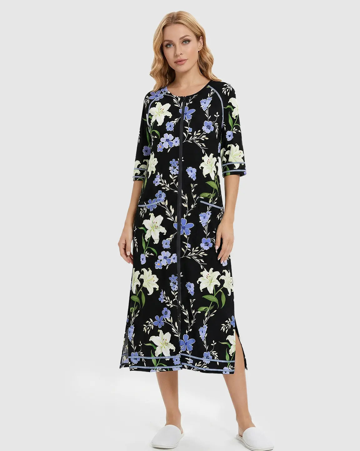 Side-Slit Floral Maternity & Nursing Lounge Dress