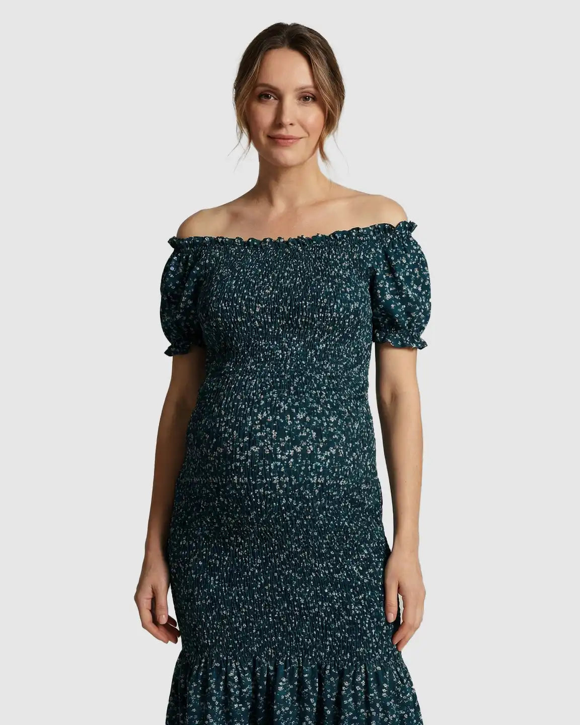 Puff Sleeve Smocked Maternity Midi Dress