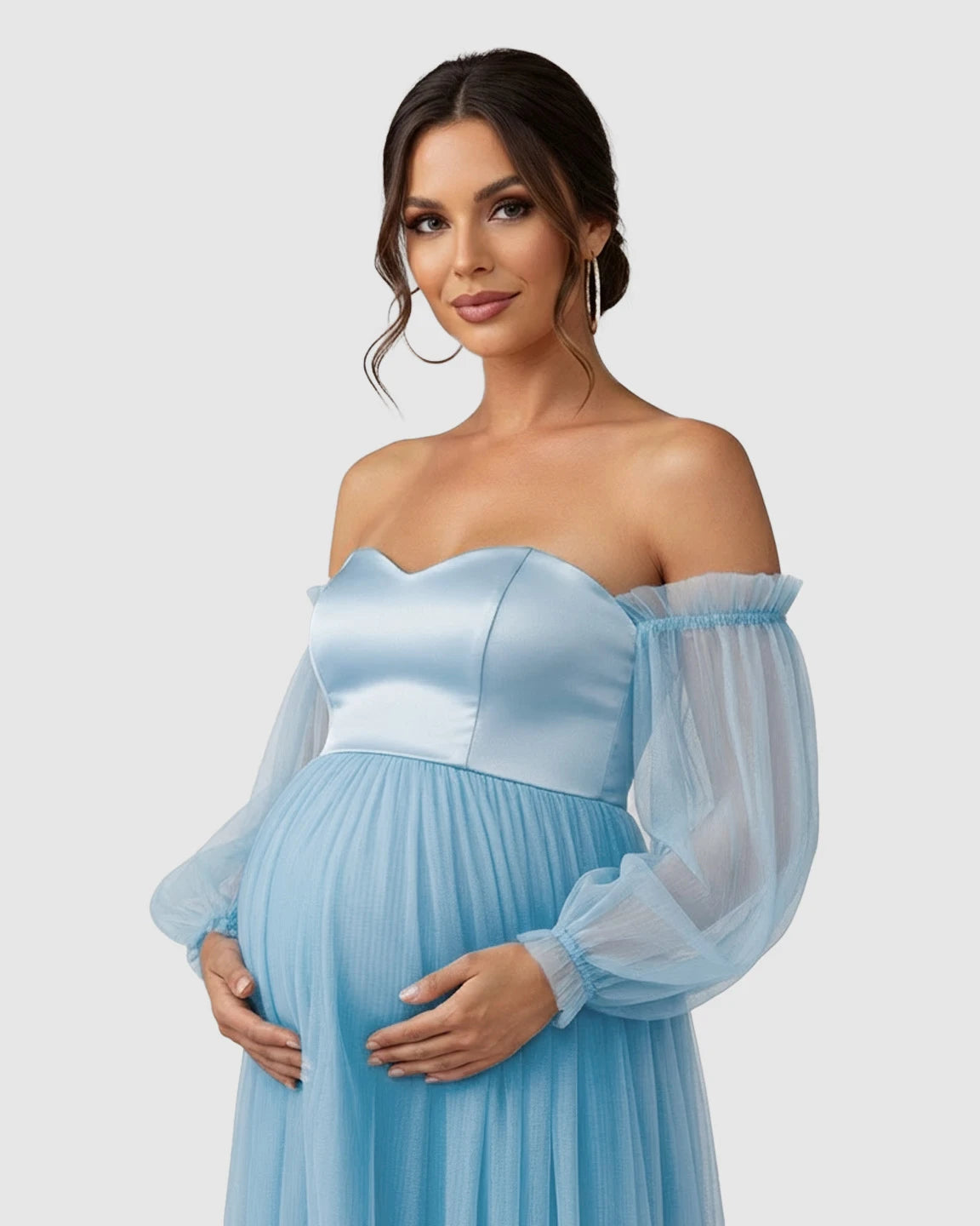 Off-Shoulder Mesh-Sleeve Maternity Gown