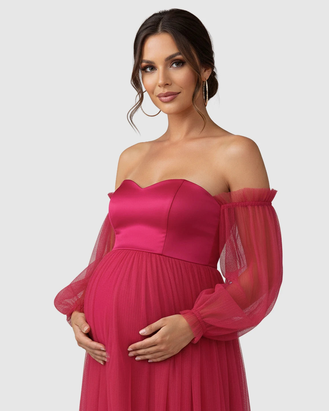 Off-Shoulder Mesh-Sleeve Maternity Gown
