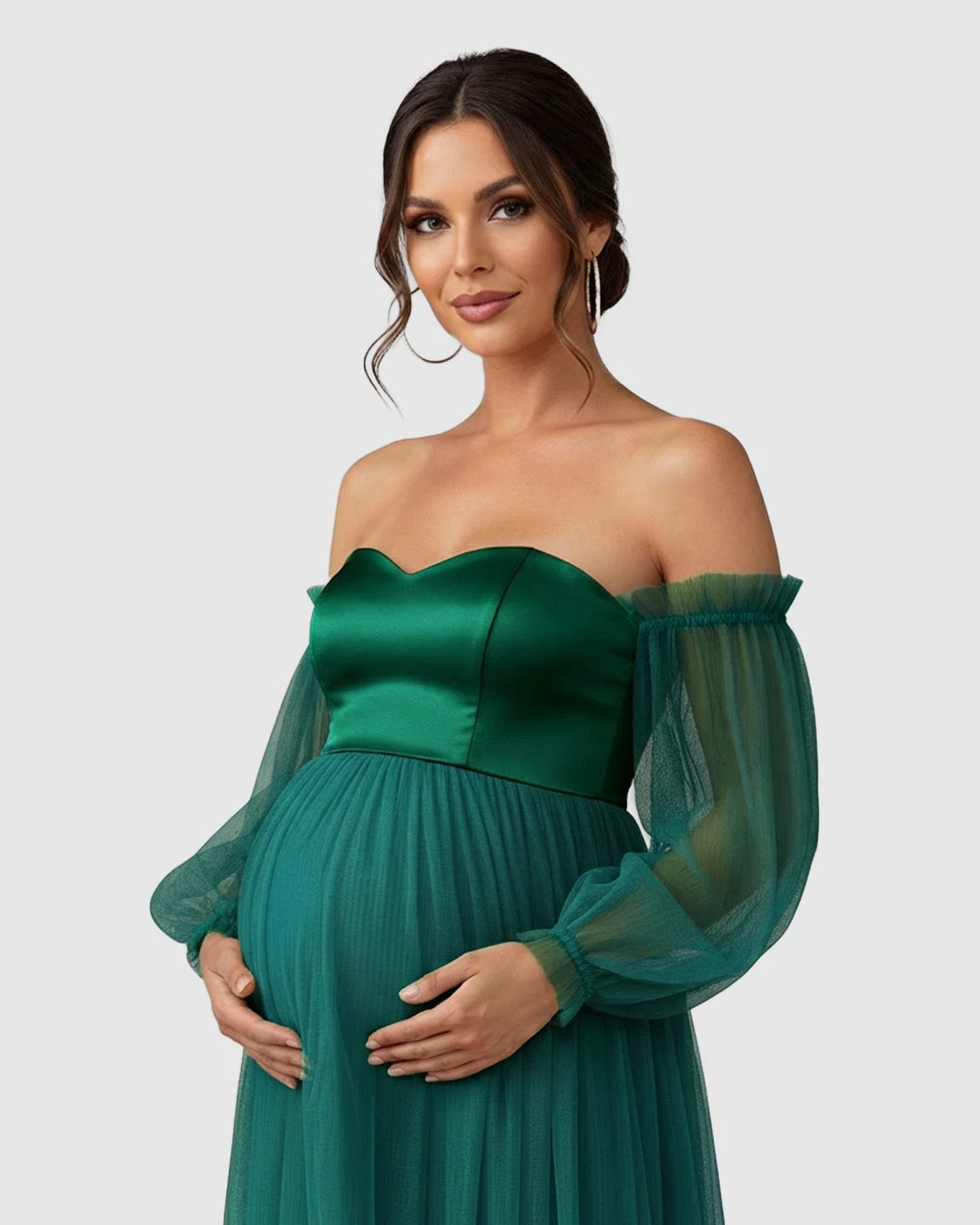 Off-Shoulder Mesh-Sleeve Maternity Gown
