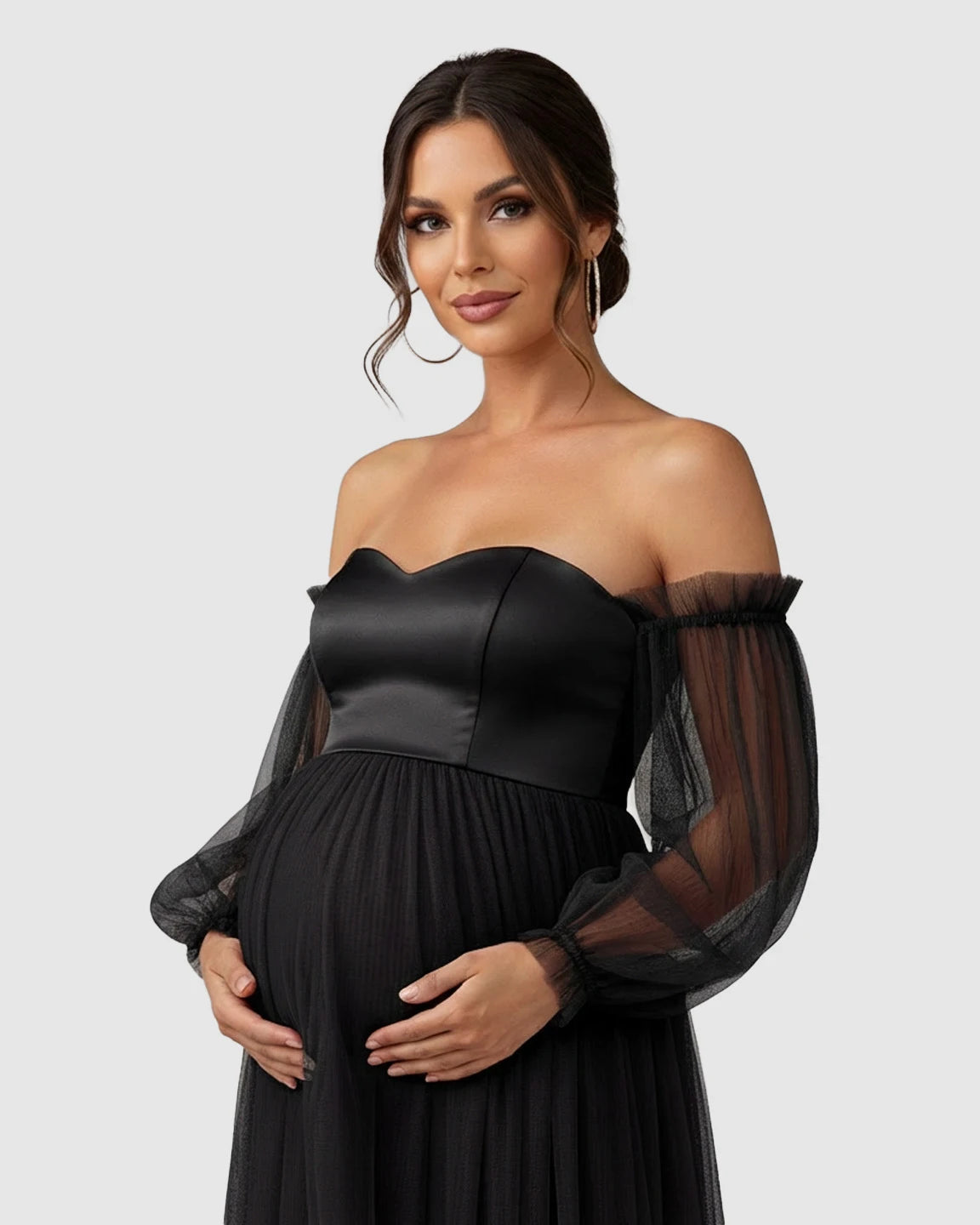 Off-Shoulder Mesh-Sleeve Maternity Gown