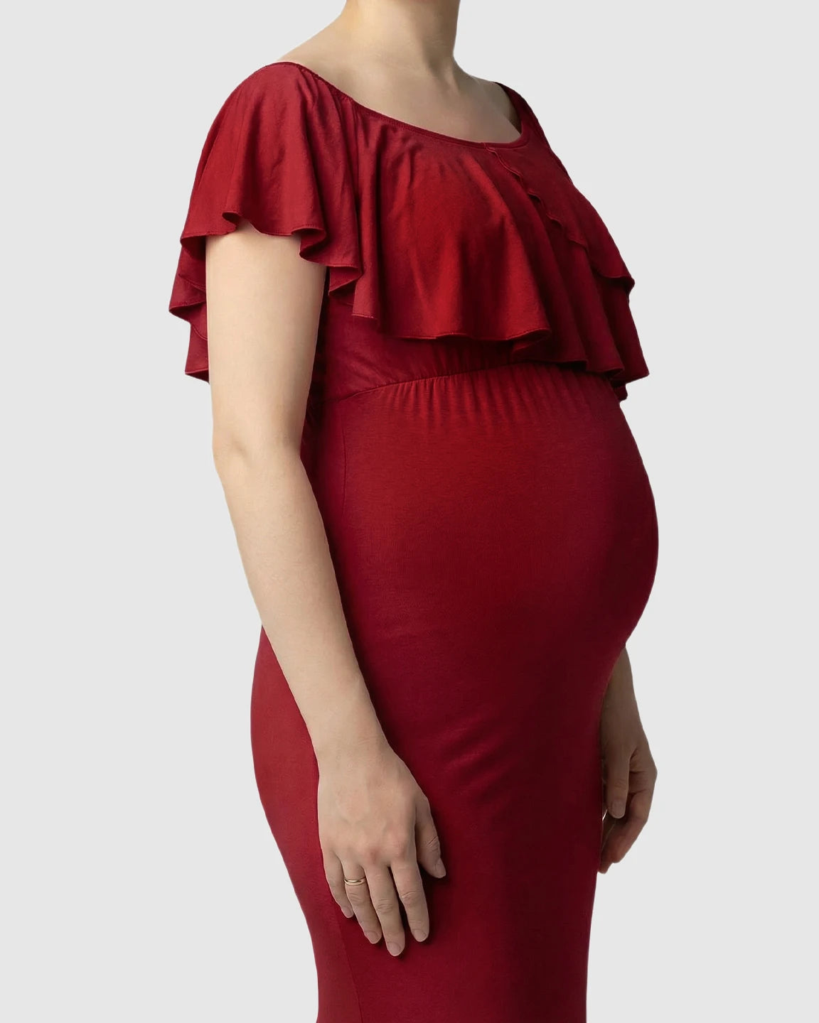 Ruffle-Off Shoulder Trailing Maternity Gown