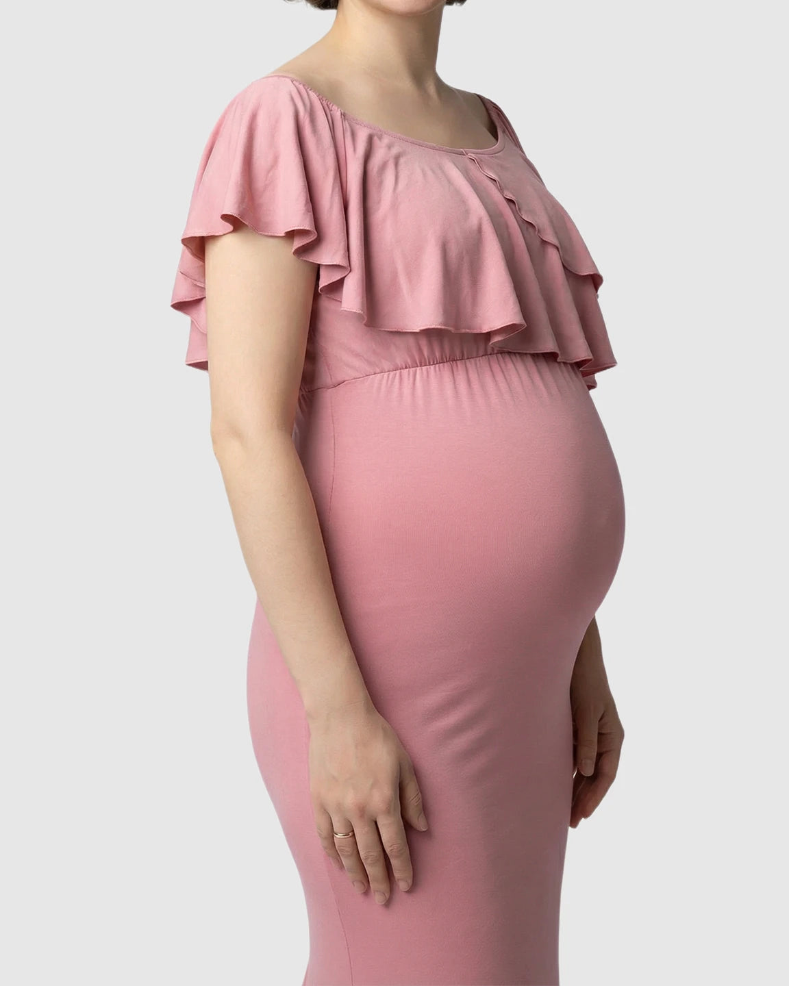 Ruffle-Off Shoulder Trailing Maternity Gown