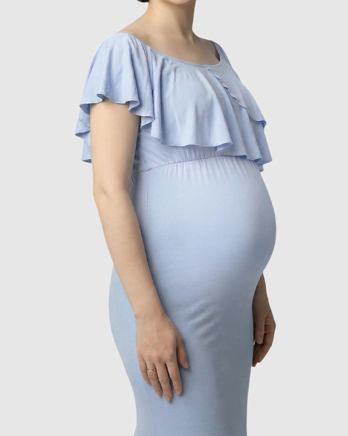 Ruffle-Off Shoulder Trailing Maternity Gown