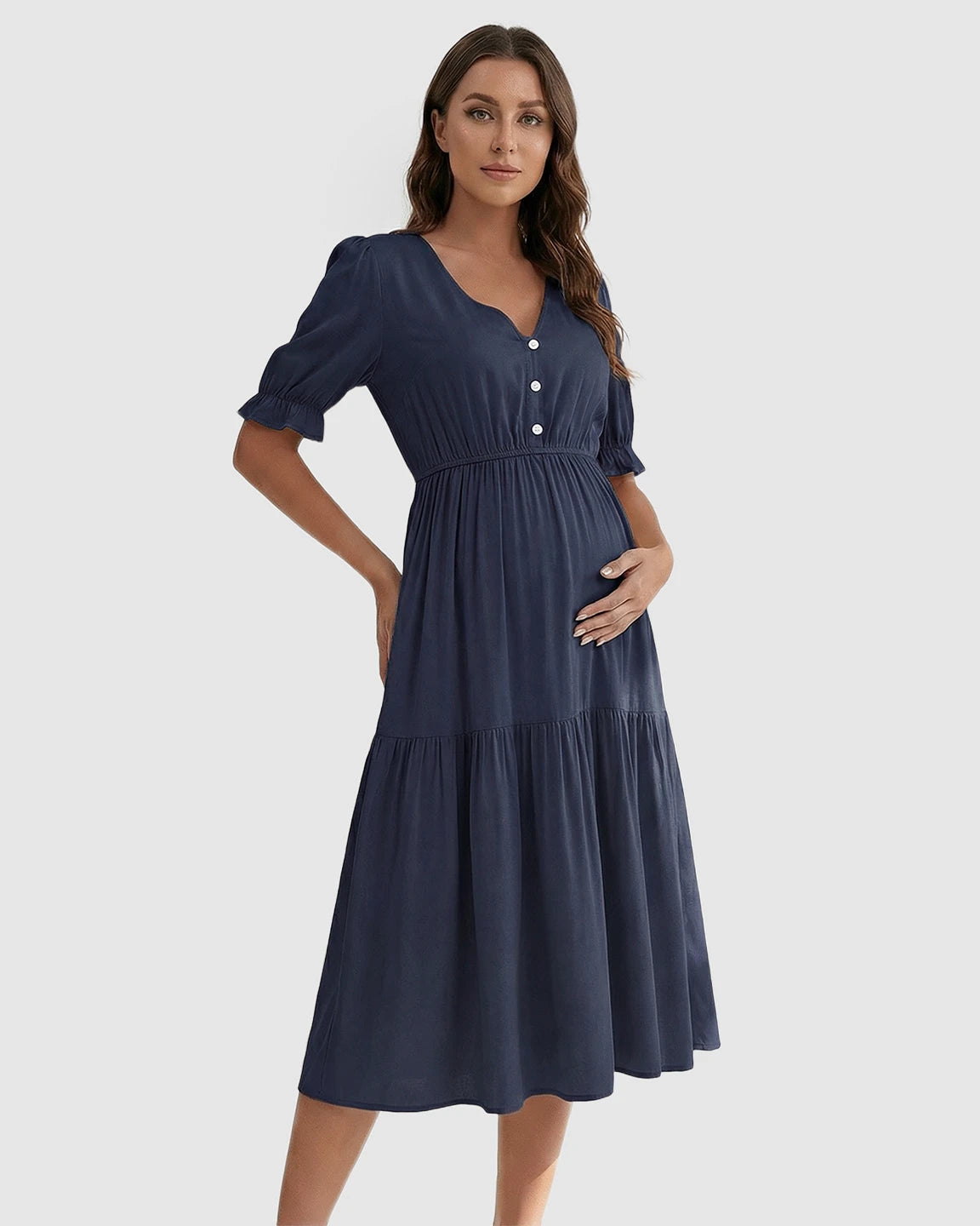 V-Neck Puff Sleeve Maternity Midi Dress