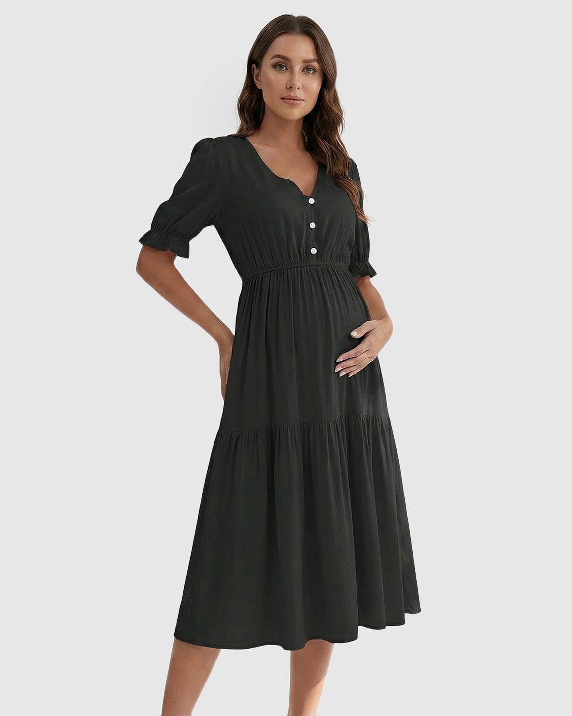 V-Neck Puff Sleeve Maternity Midi Dress