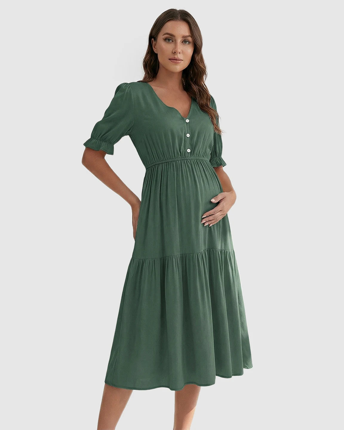 V-Neck Puff Sleeve Maternity Midi Dress