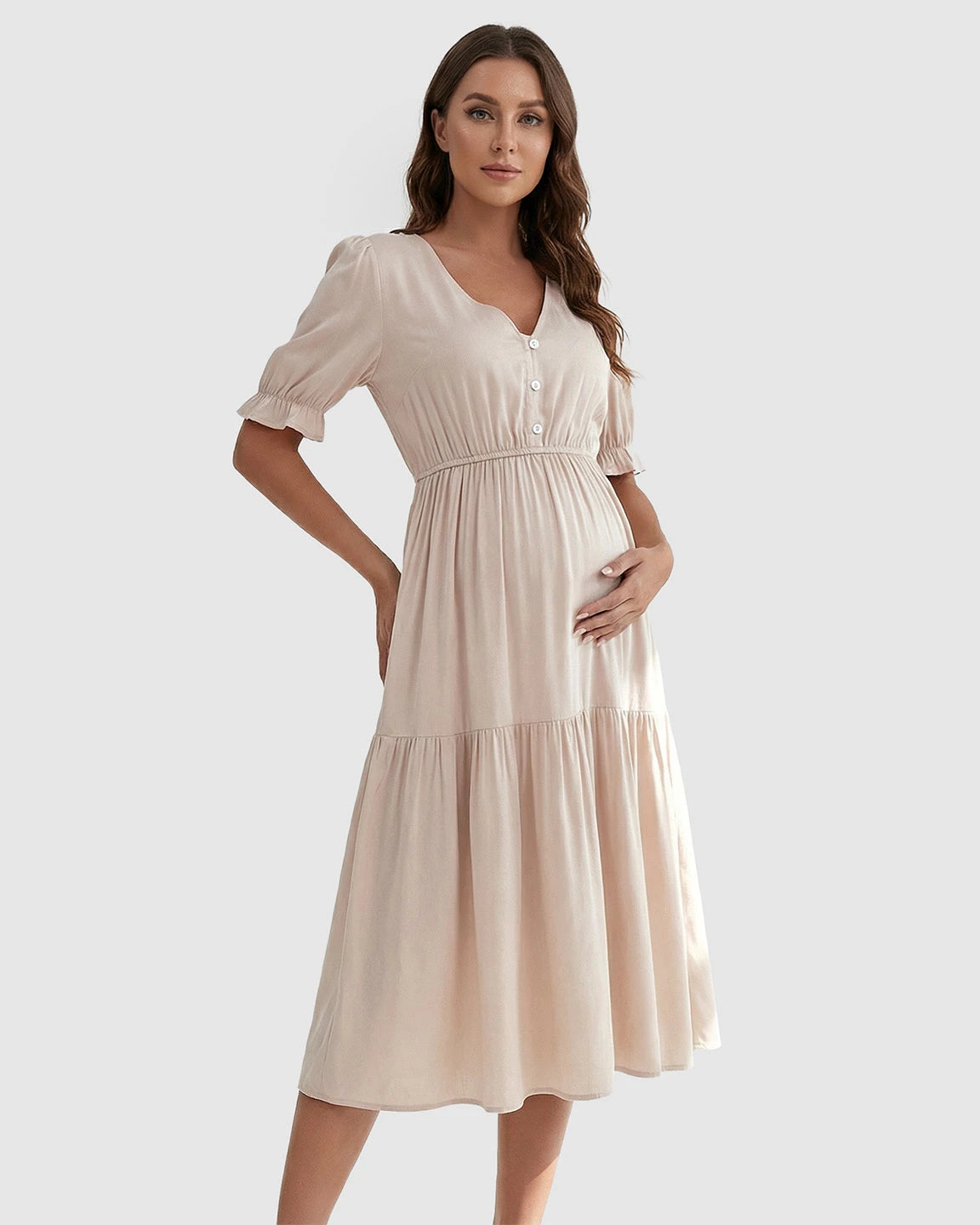 V-Neck Puff Sleeve Maternity Midi Dress