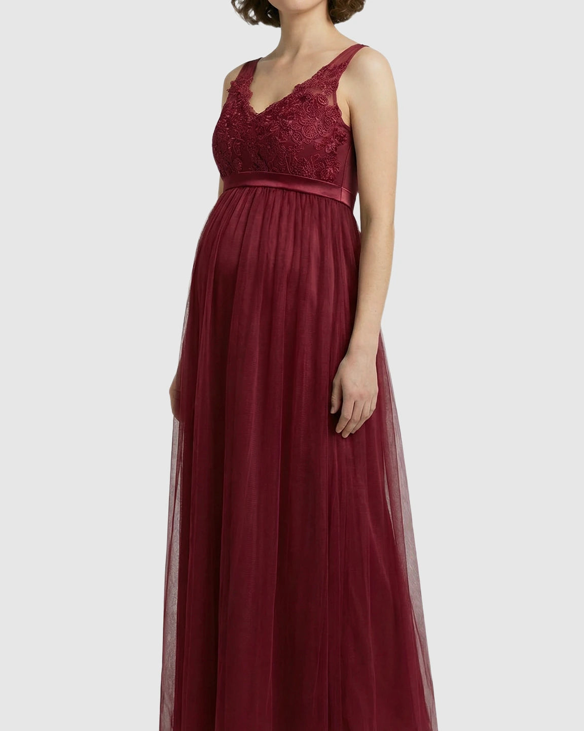 Lace-Trim Tulle Maternity Maxi Dress
