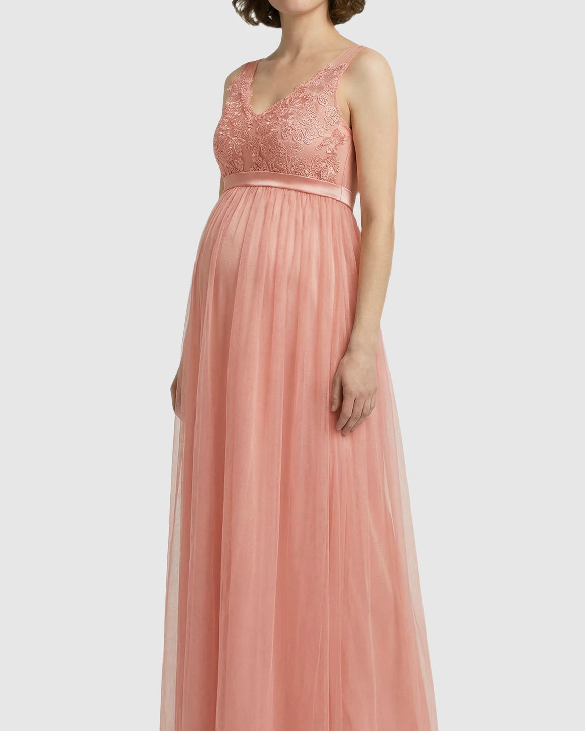 Lace-Trim Tulle Maternity Maxi Dress