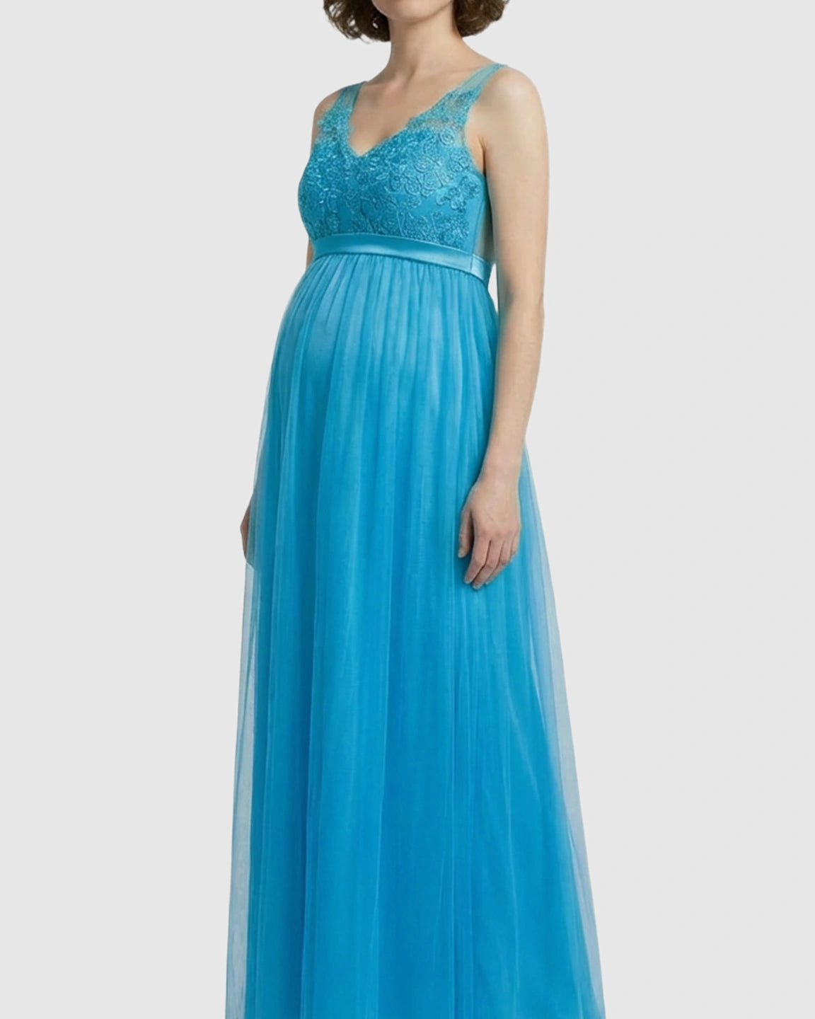 Lace-Trim Tulle Maternity Maxi Dress
