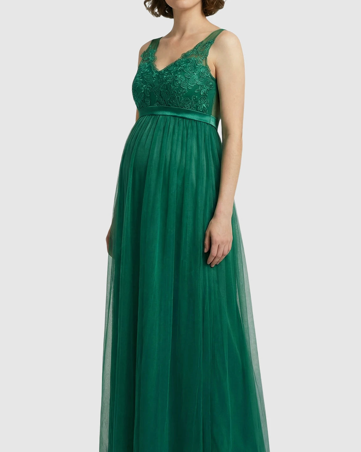 Lace-Trim Tulle Maternity Maxi Dress