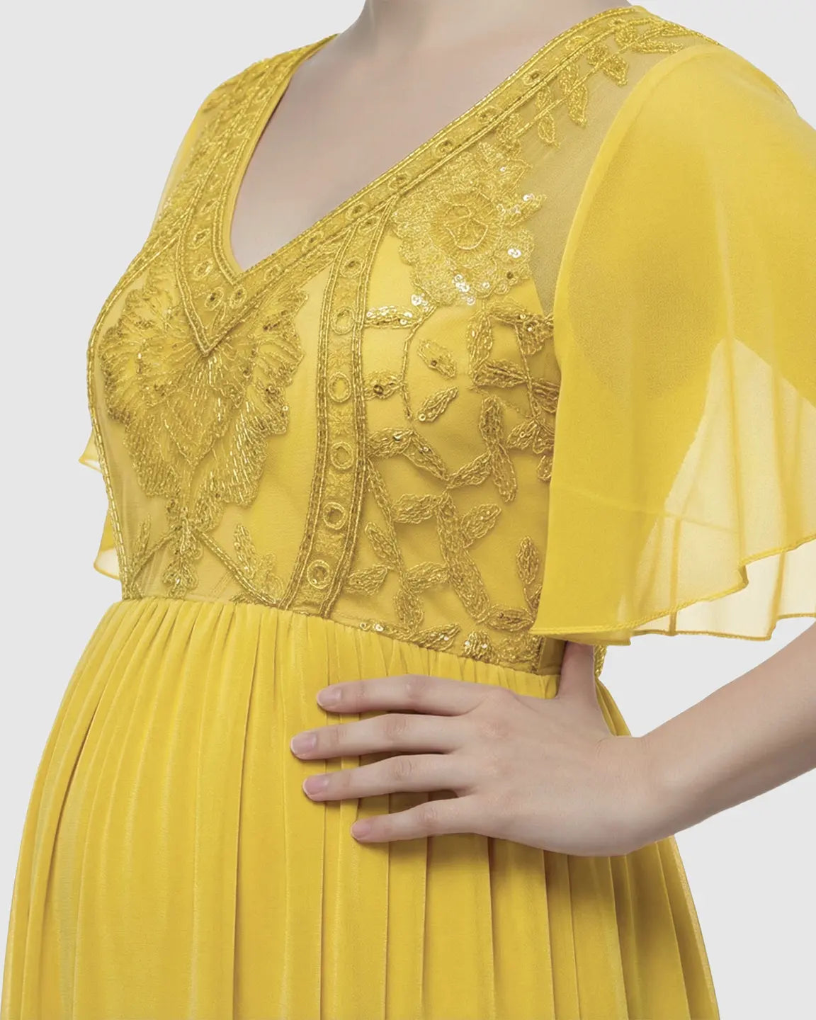 Embroidered Bodice Long Train Maternity Photoshoot Gown