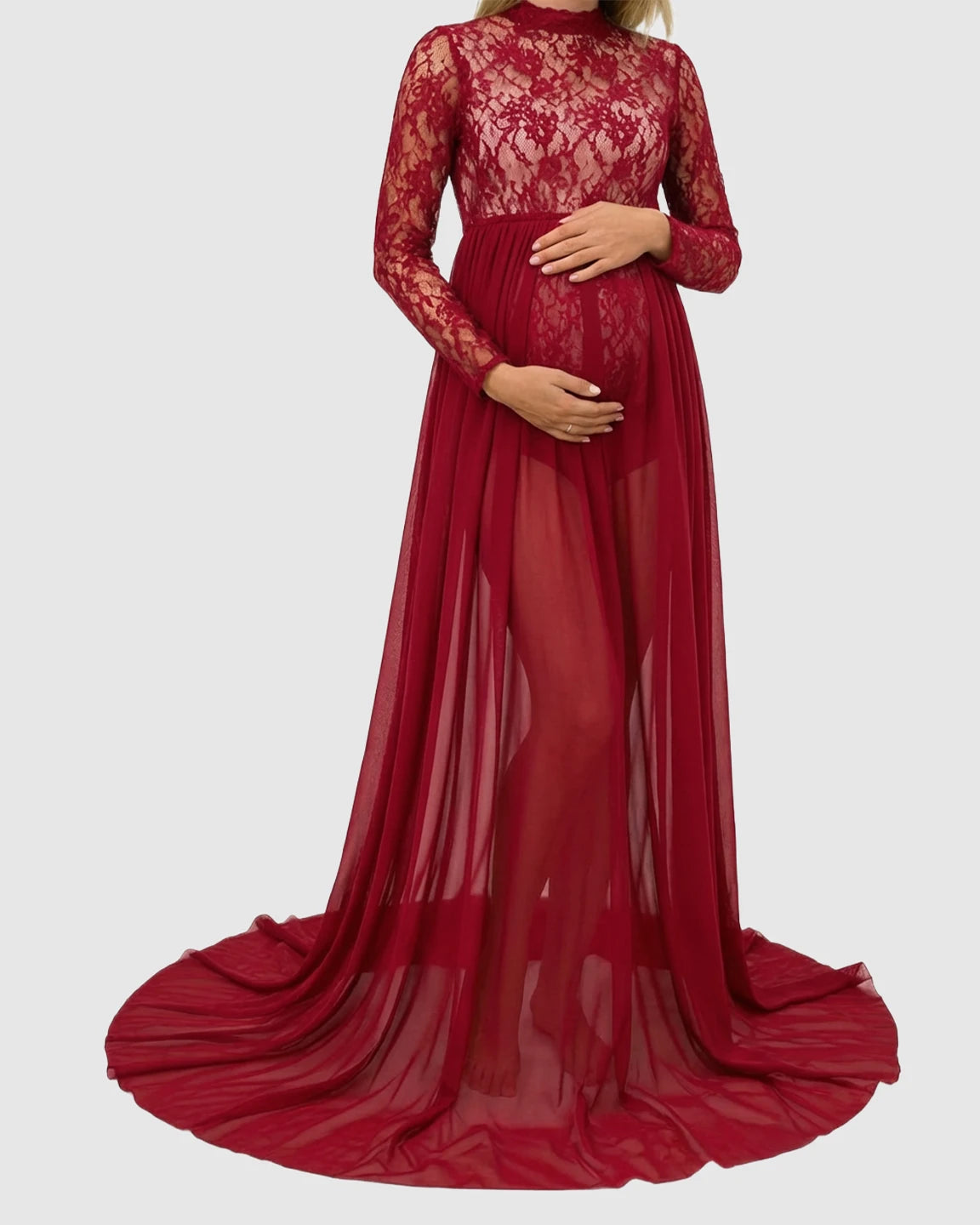 Sheer Lace Double Slit Maternity Photoshoot Gown