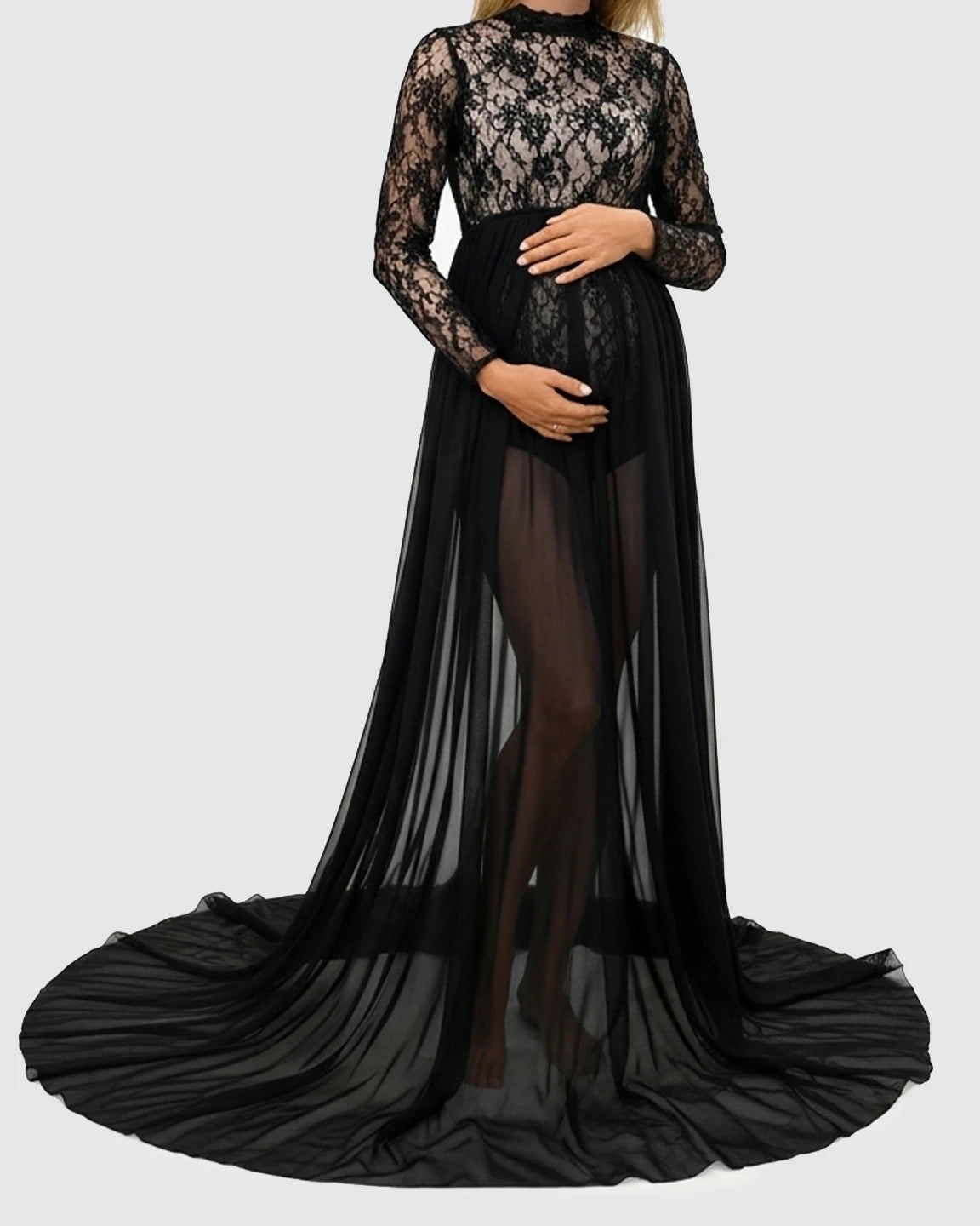 Sheer Lace Double Slit Maternity Photoshoot Gown