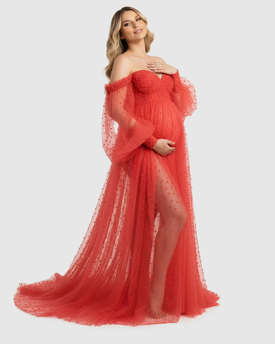Off-Shoulder Tulle Train Maternity Gown