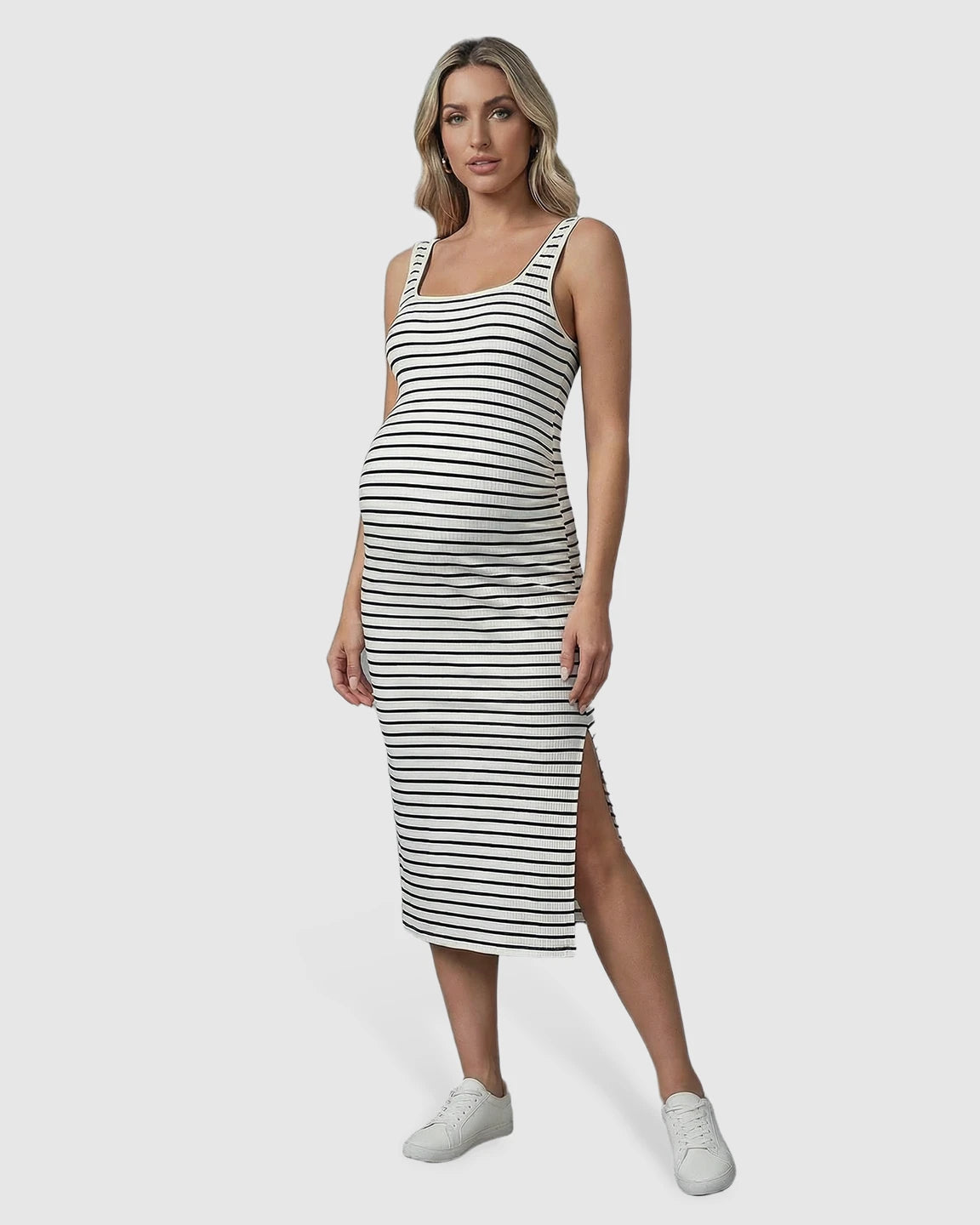 Stripe Print Side Slit Maternity Midi Dress