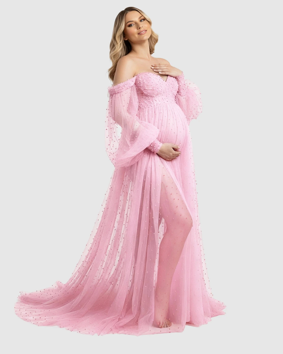 Off-Shoulder Tulle Train Maternity Gown