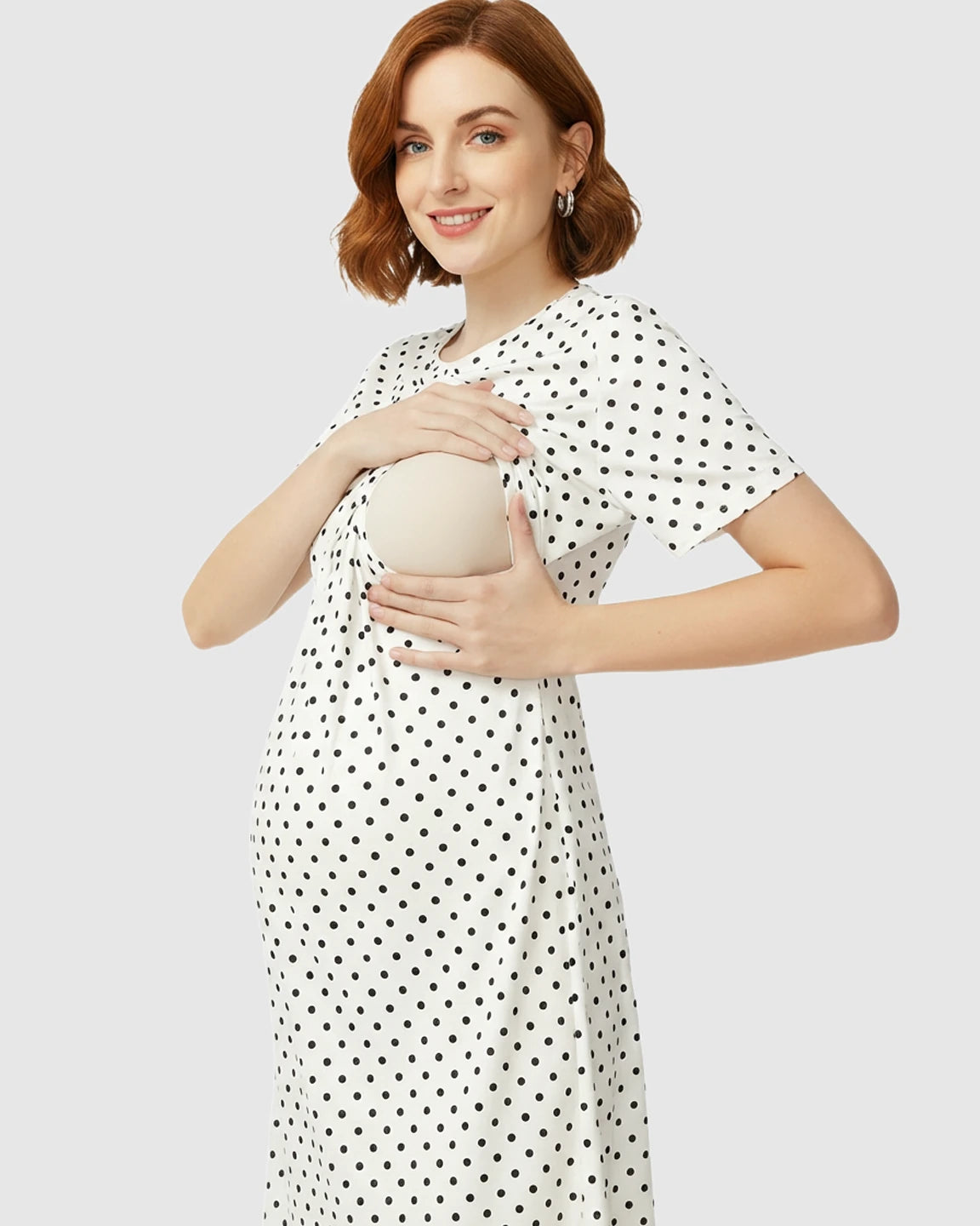 Short Sleeve Polka Dot Print Maternity Midi Dress