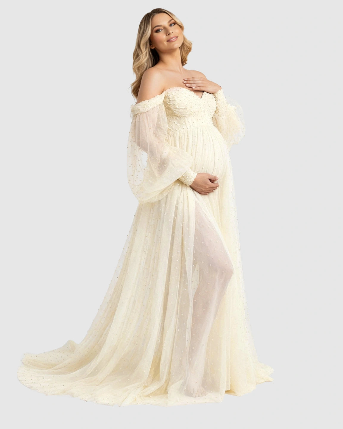 Off-Shoulder Tulle Train Maternity Gown