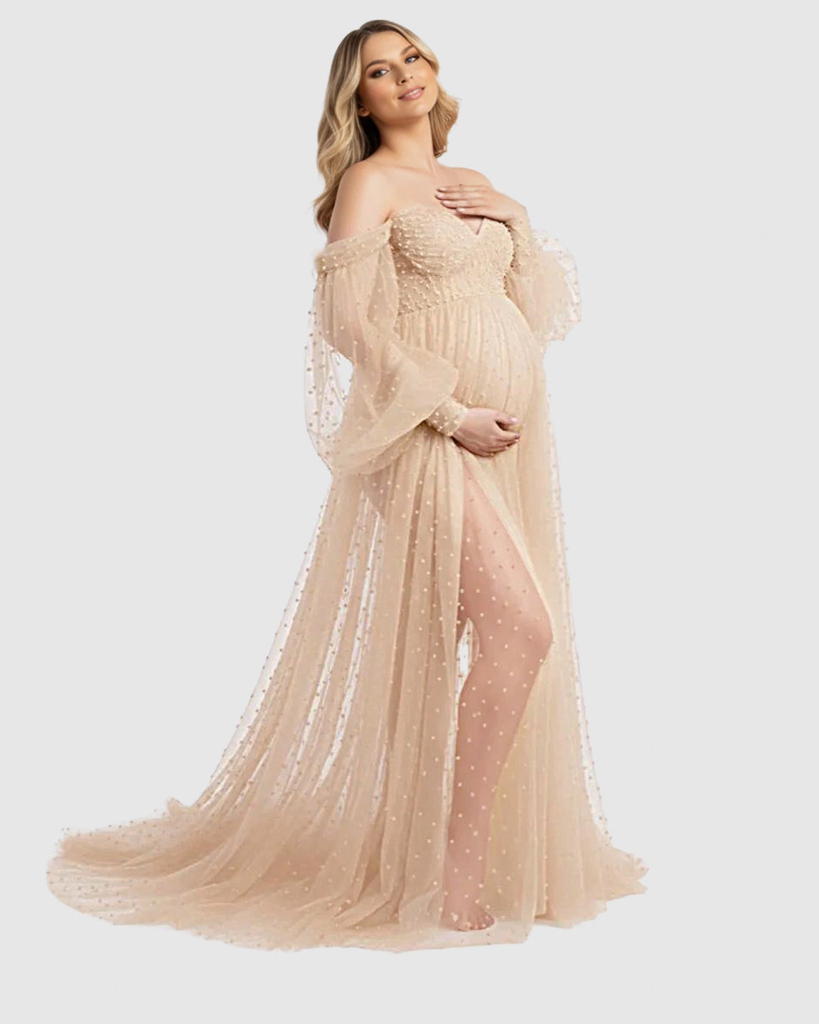Off-Shoulder Tulle Train Maternity Gown