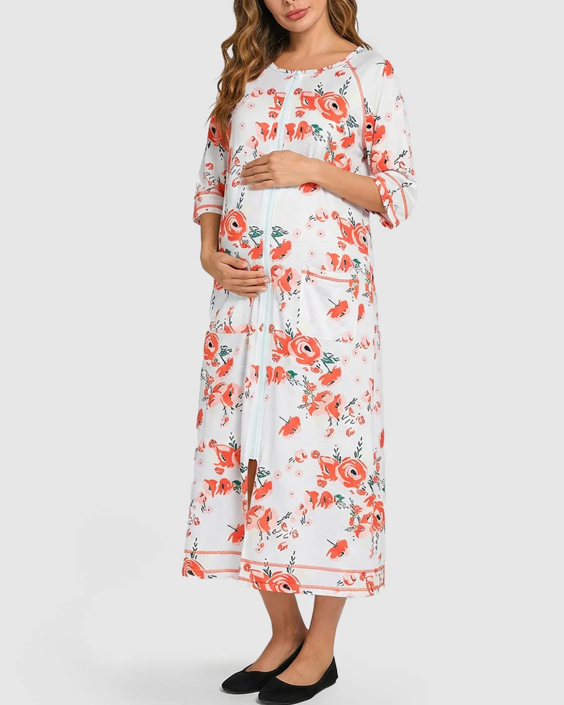 Front Zipper Floral Maternity Nursing Lounge Dress
