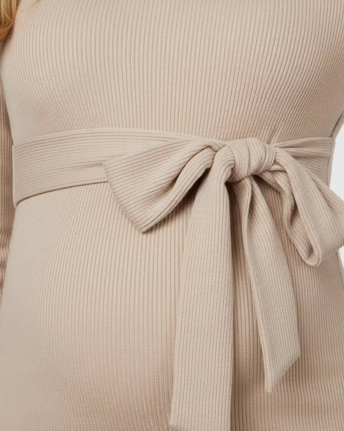 Ribbed Knit Tie-Waist Long Sleeve Bodycon Maternity Dress