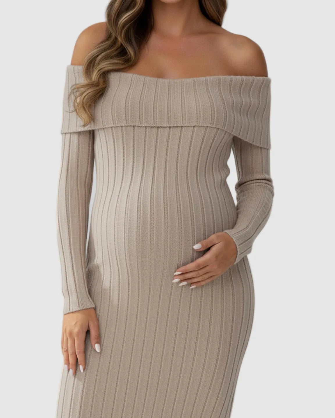 Ribbed Off-Shoulder Bodycon Maternity Midi Dress with Side Slit