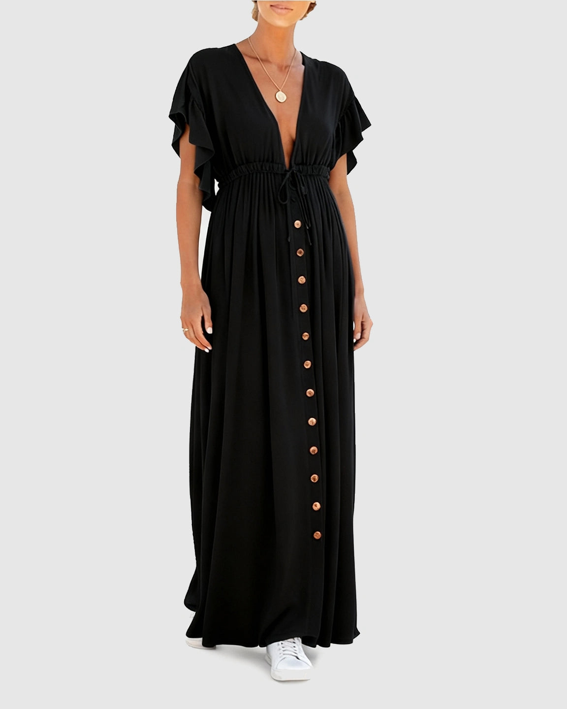 Button-Front Deep V Neck Maxi Beach Cover-Up Dress
