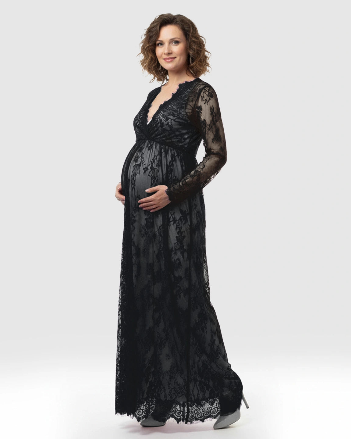 Sheer Floral Lace Empire Waist Maternity Maxi Dress