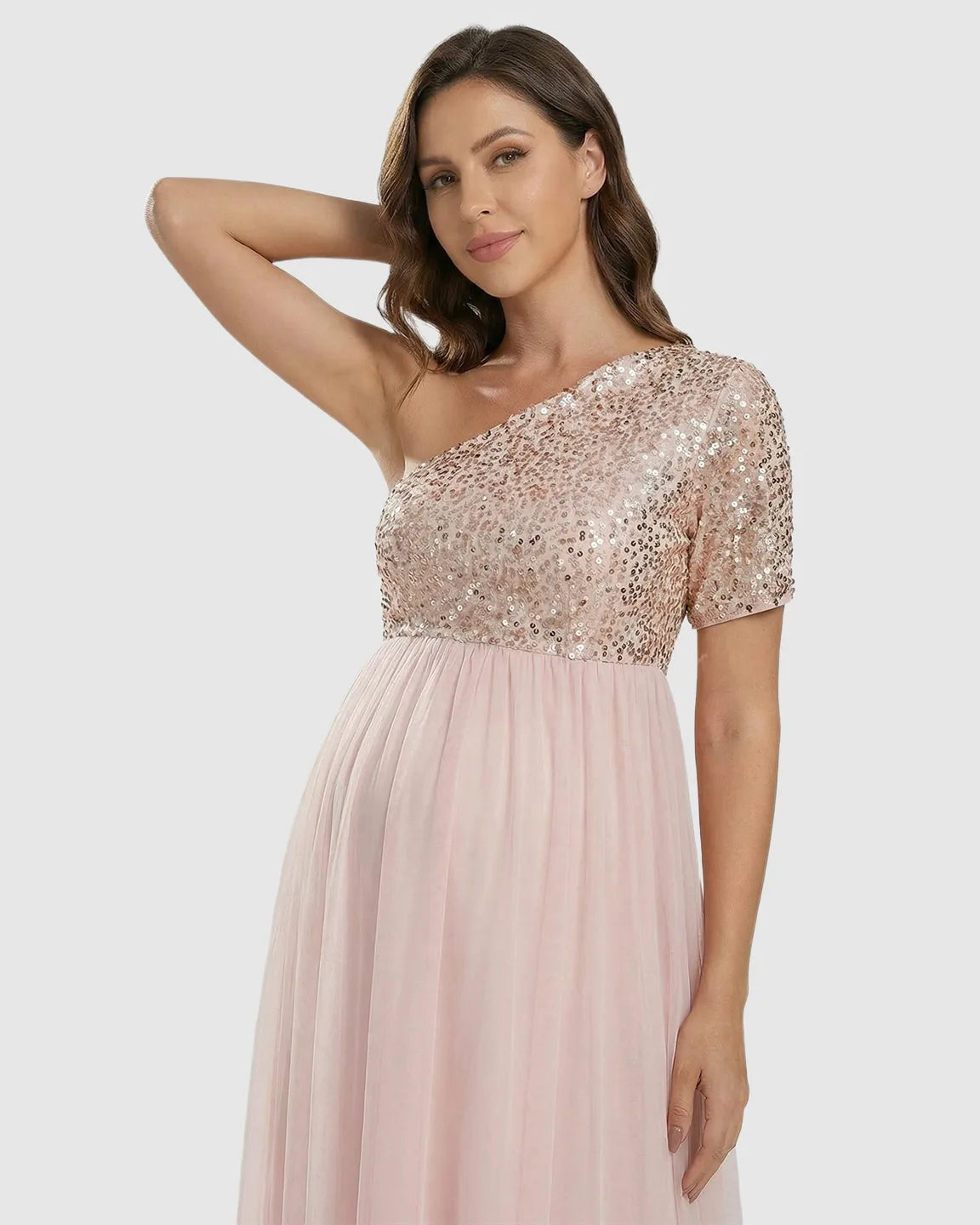 Sequin Bodice Flowing Mesh Maternity Maxi Dress