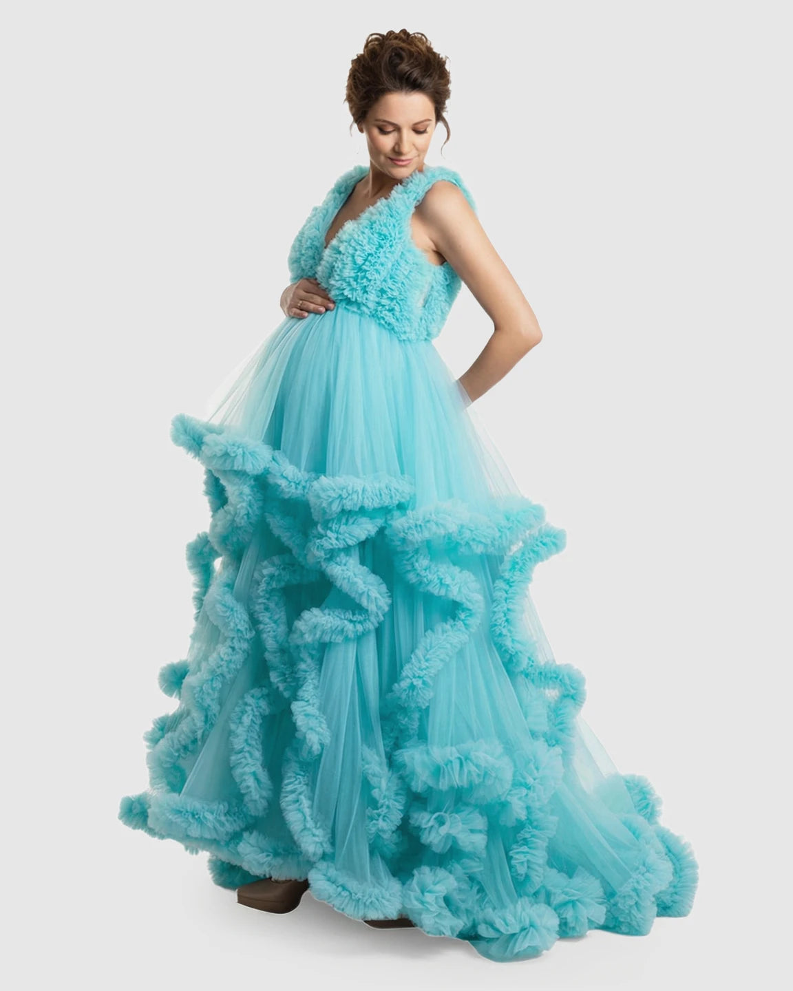 Ruffled Bodice Multi-Layer Mesh Pleats Maternity Gown