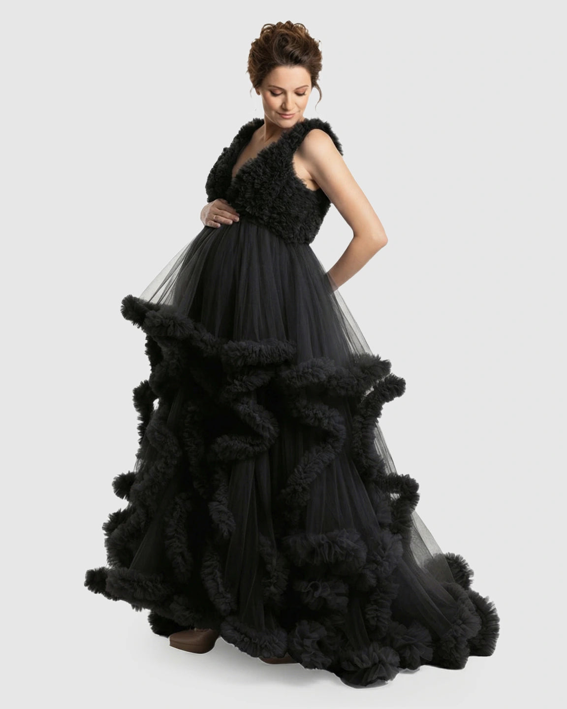 Ruffled Bodice Multi-Layer Mesh Pleats Maternity Gown