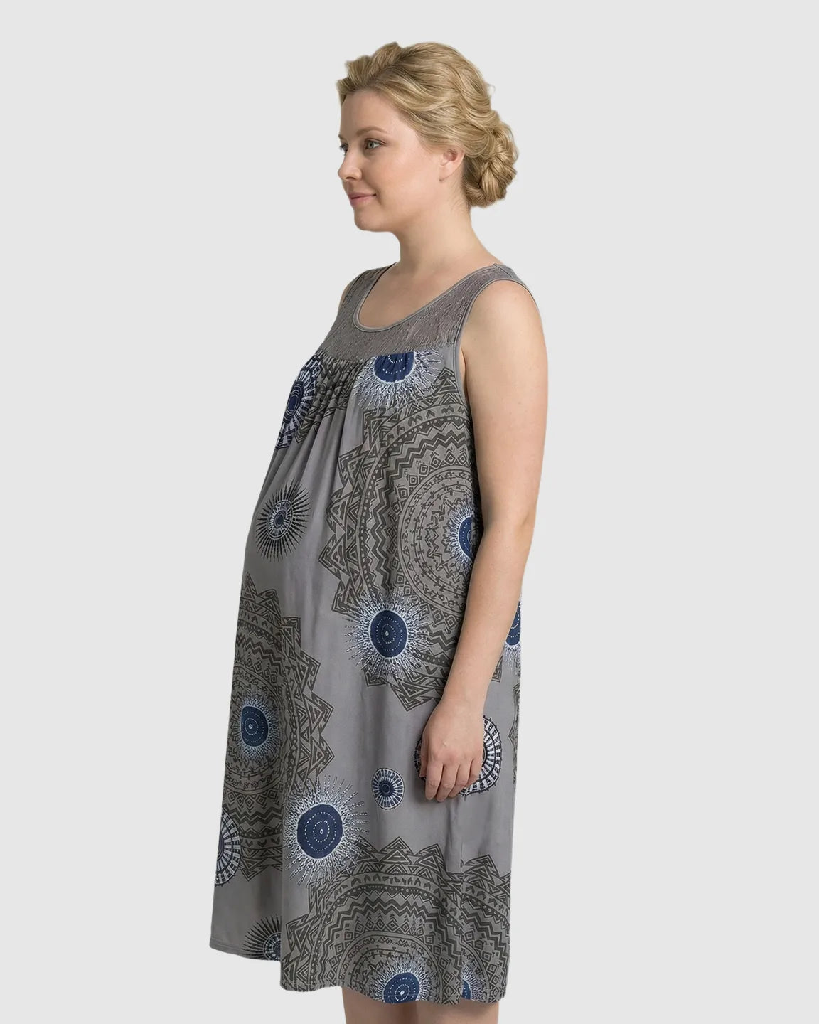 Printed Lace Trim A-Line Maternity Midi Dress