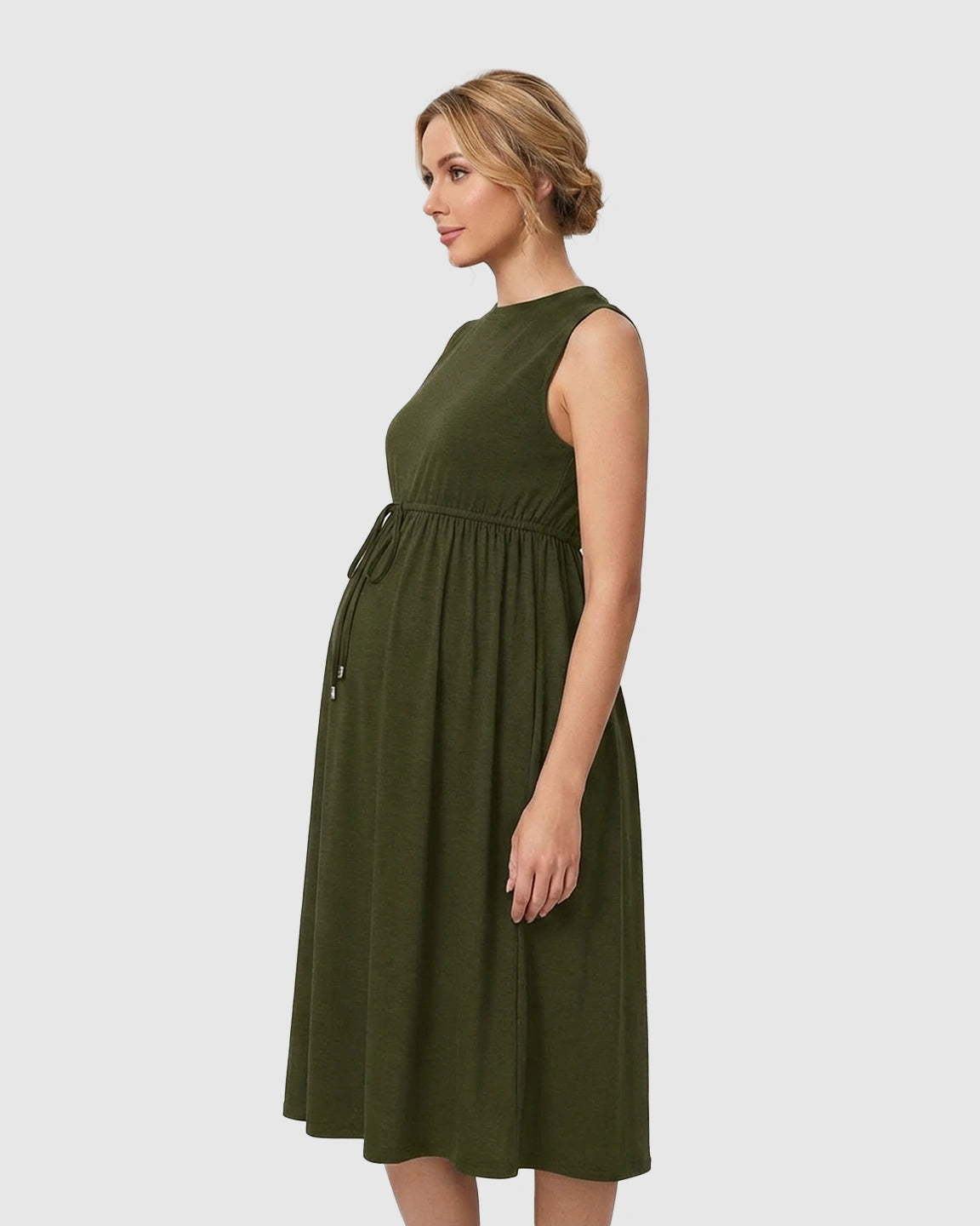 Drawstring Waist Sleeveless Maternity Midi Dress