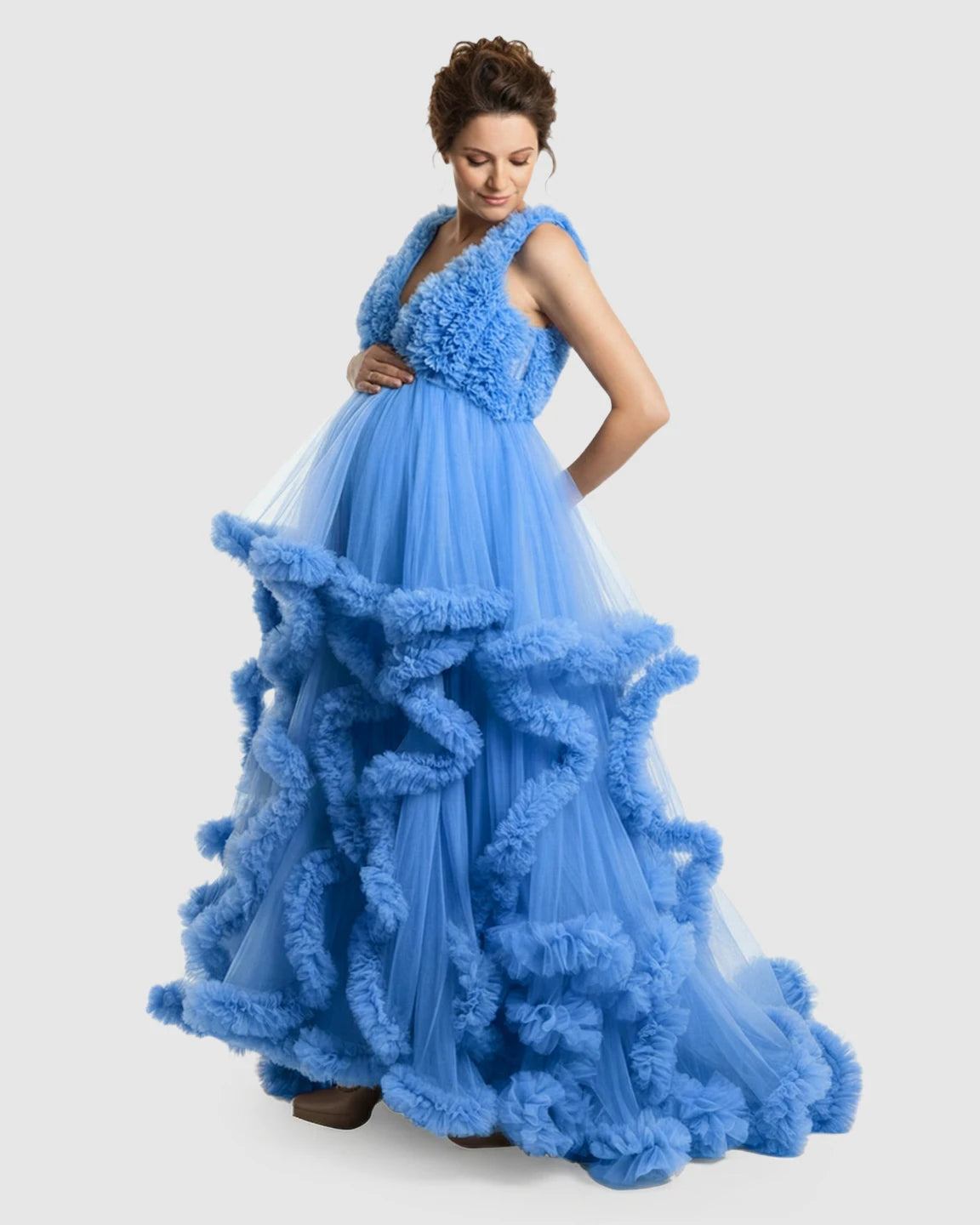 Ruffled Bodice Multi-Layer Mesh Pleats Maternity Gown