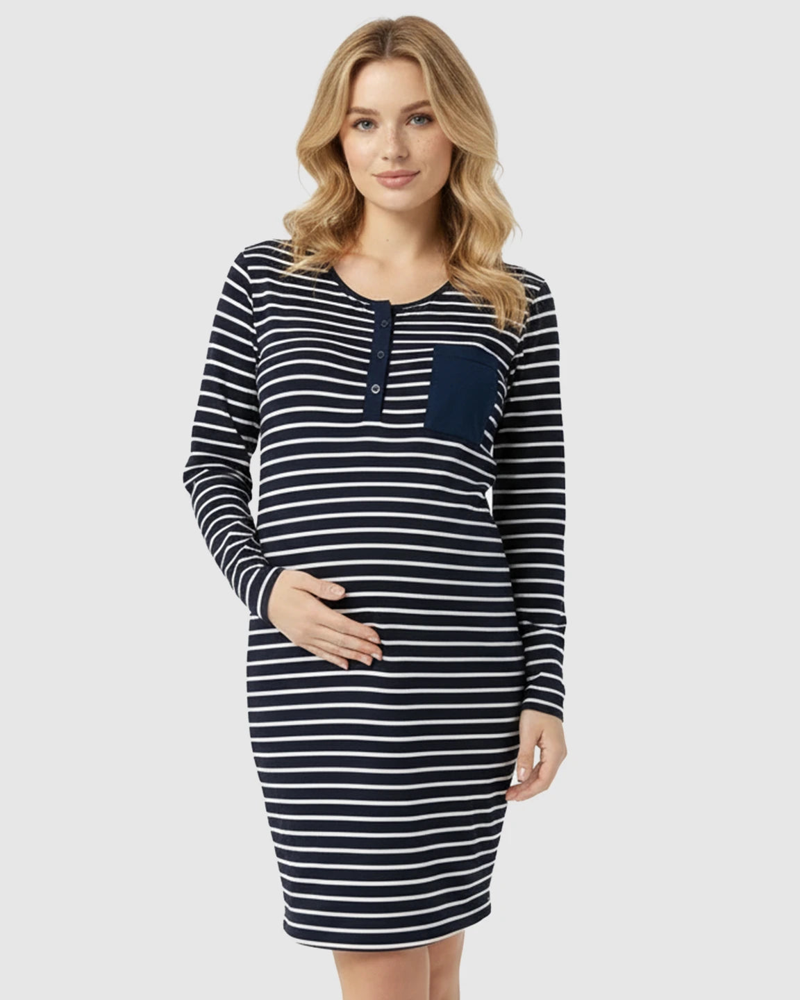 Striped Long-Sleeve Nursing & Maternity Midi Dress