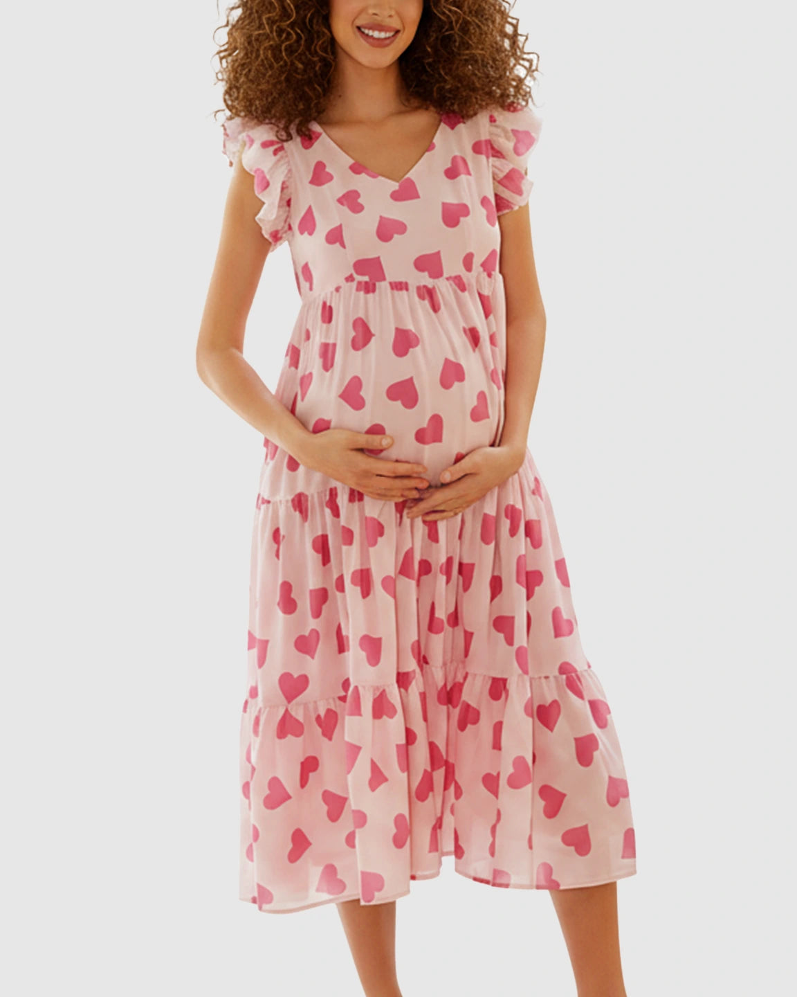 Tiered Skirt Heart Print Maternity Midi Dress