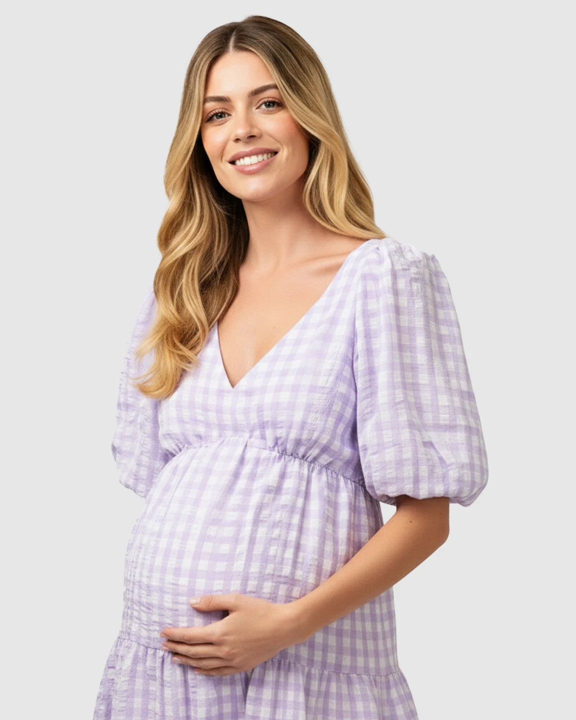 Puffed Sleeves Checkered Maternity Maxi Dress
