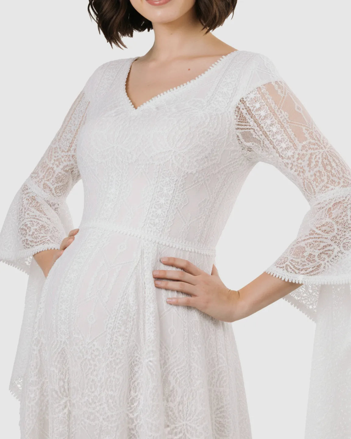 Lace Bell-Sleeve Floor-Length Maternity Gown