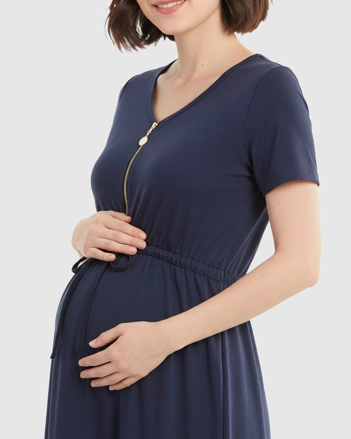 Zip-Up Nursing Drawstring-Waist Maternity Mini Dress