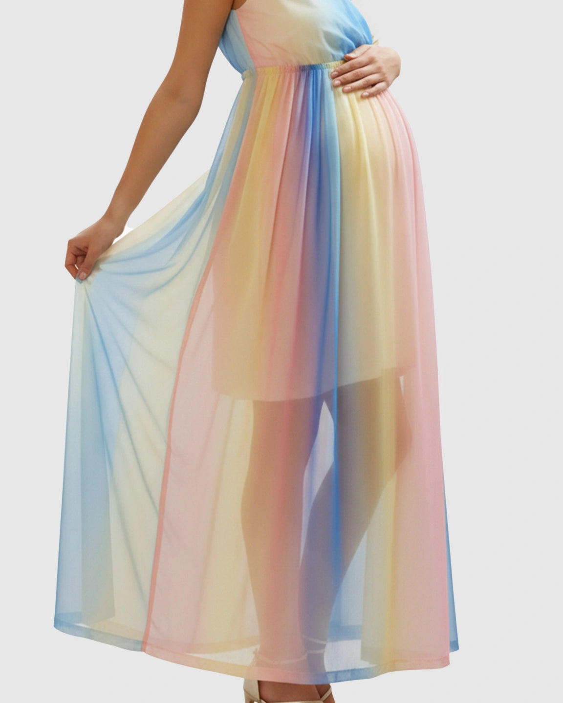 Deep V-Neck Rainbow Chiffon Maternity Maxi Dress